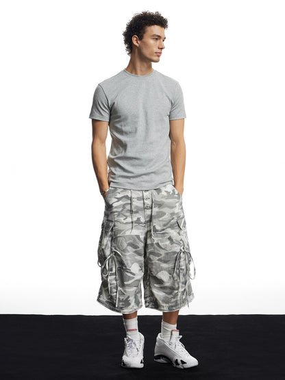 Grey Camo Linen Bullet Back Patch Cargo Shorts