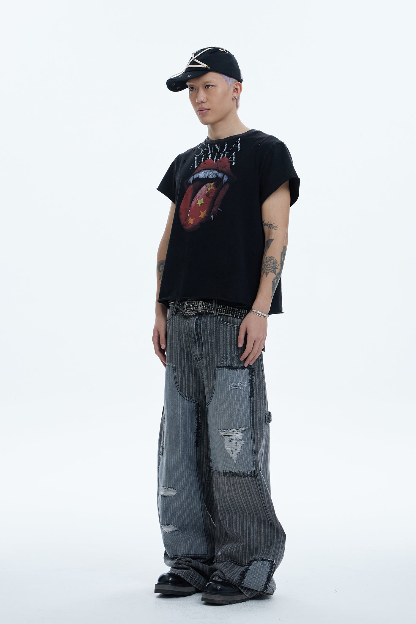 Striped Patchwork Distressed Carpenter Pants