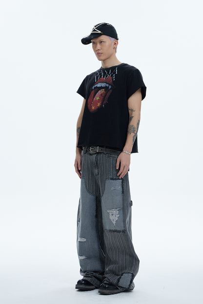 Striped Patchwork Distressed Carpenter Pants
