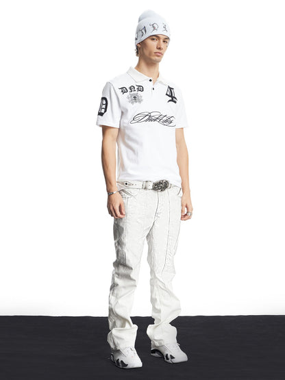 Gothic Script Embroidered Boxy Polo Shirt