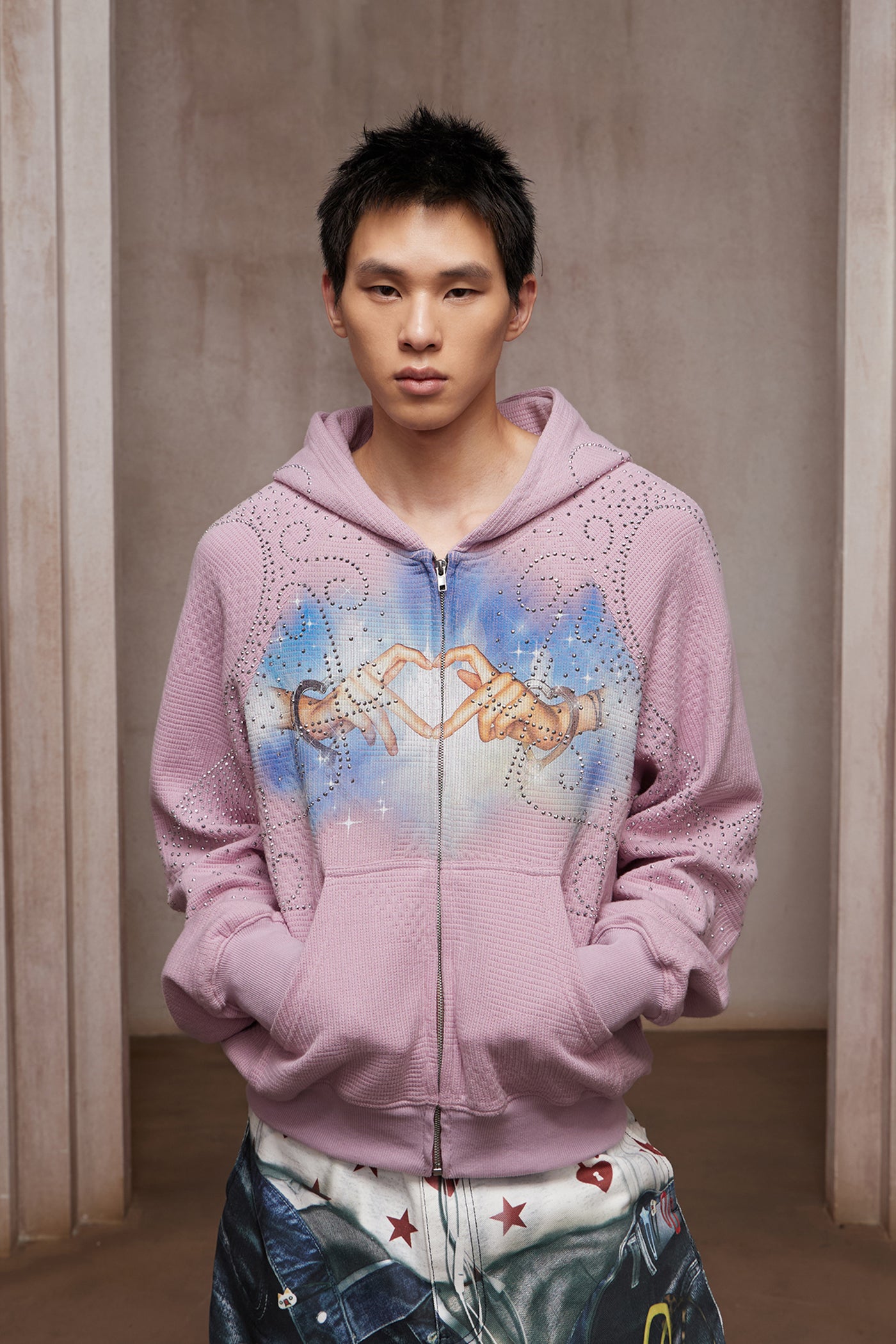 Dreamcore Rhinestone Heart Hands Waffle Zip-Up Hoodie Jacket