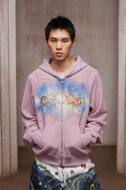 Dreamcore Rhinestone Heart Hands Waffle Zip-Up Hoodie Jacket