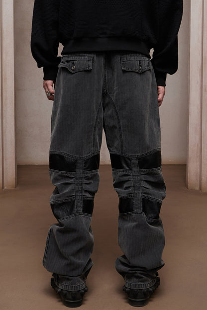 Heavy Washed Leather-Panel Utility Cargo Jeans