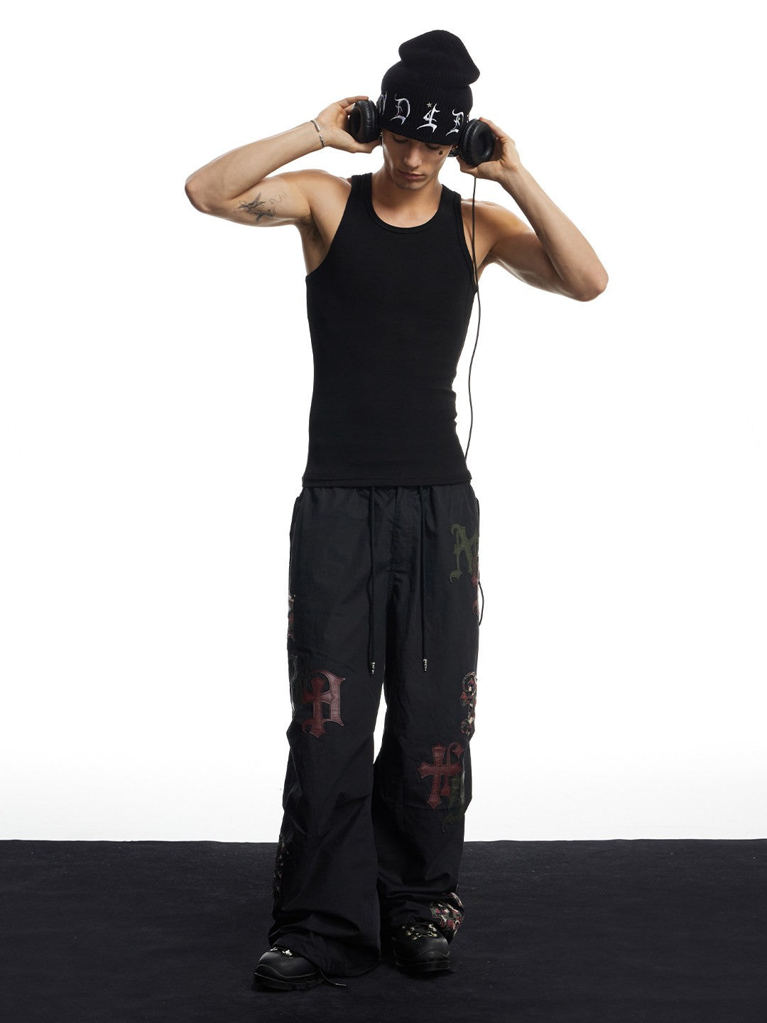 Cross Faux Leather Appliqué Wide-Leg Parachute Pants