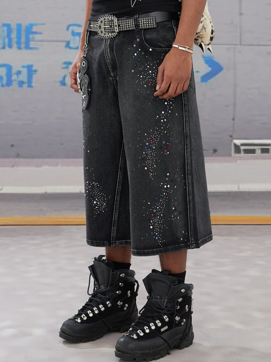 Rhinestone-Embellished Washed 3/4 Pants