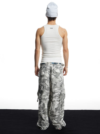 Grey Camo Linen Bullet Back Patch Wide-Leg Cargo Pants