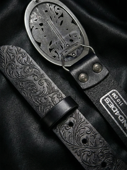 Chrome Acanthus Carved Leather Belt
