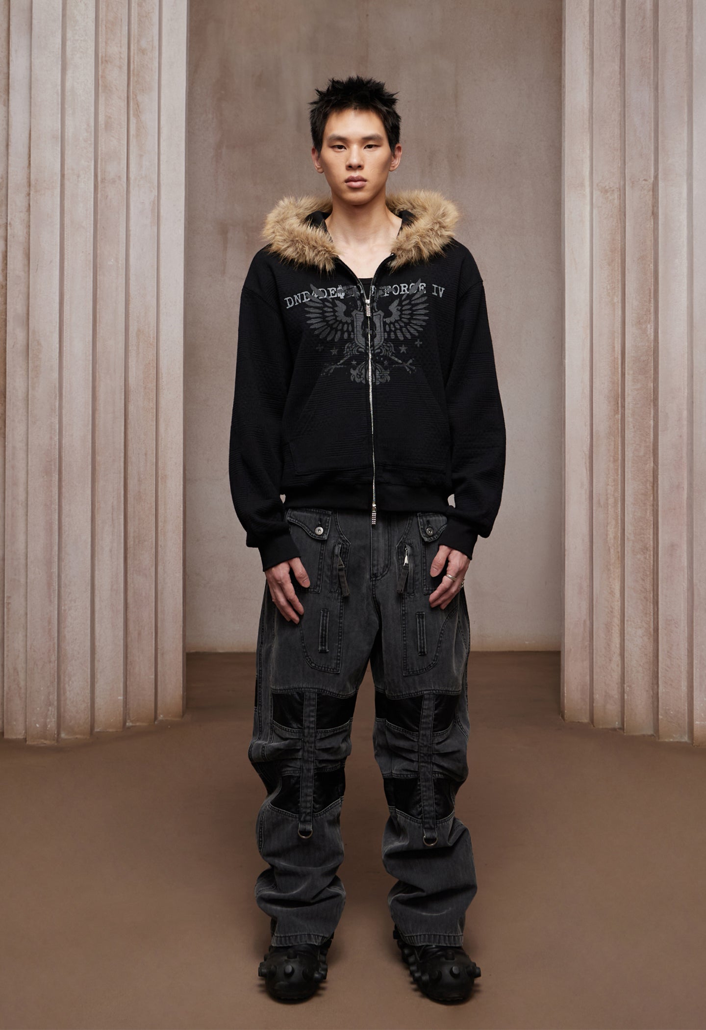 Heavy Washed Leather-Panel Utility Cargo Jeans