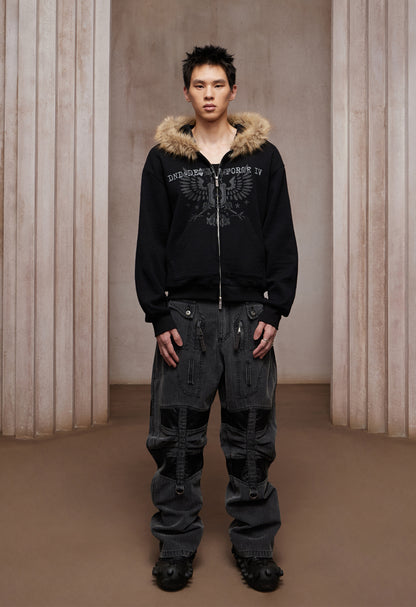 Heavy Washed Leather-Panel Utility Cargo Jeans