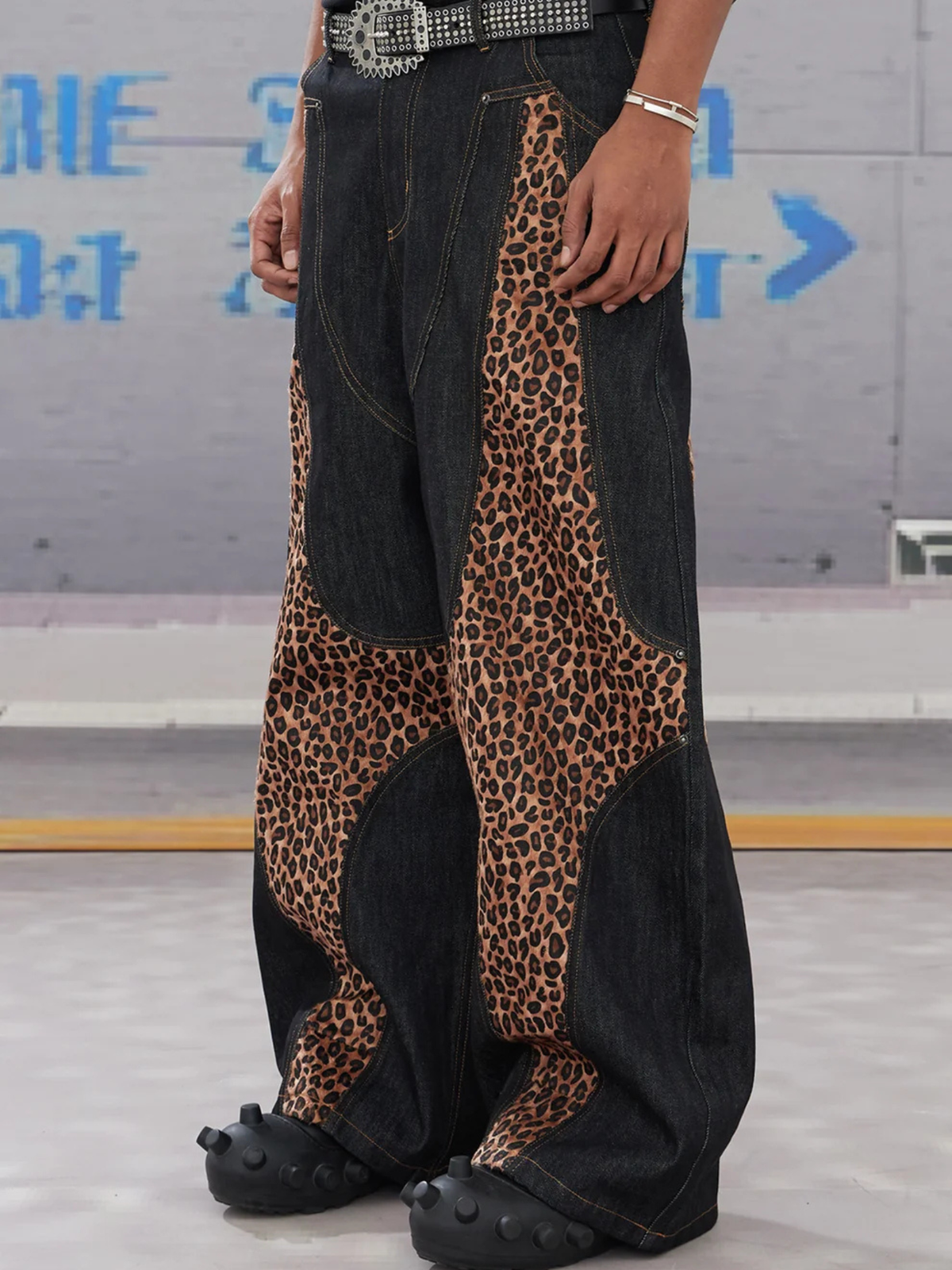 Cross-Paneled Genuine Haircalf Leopard Leather Curved Baggy Jeans