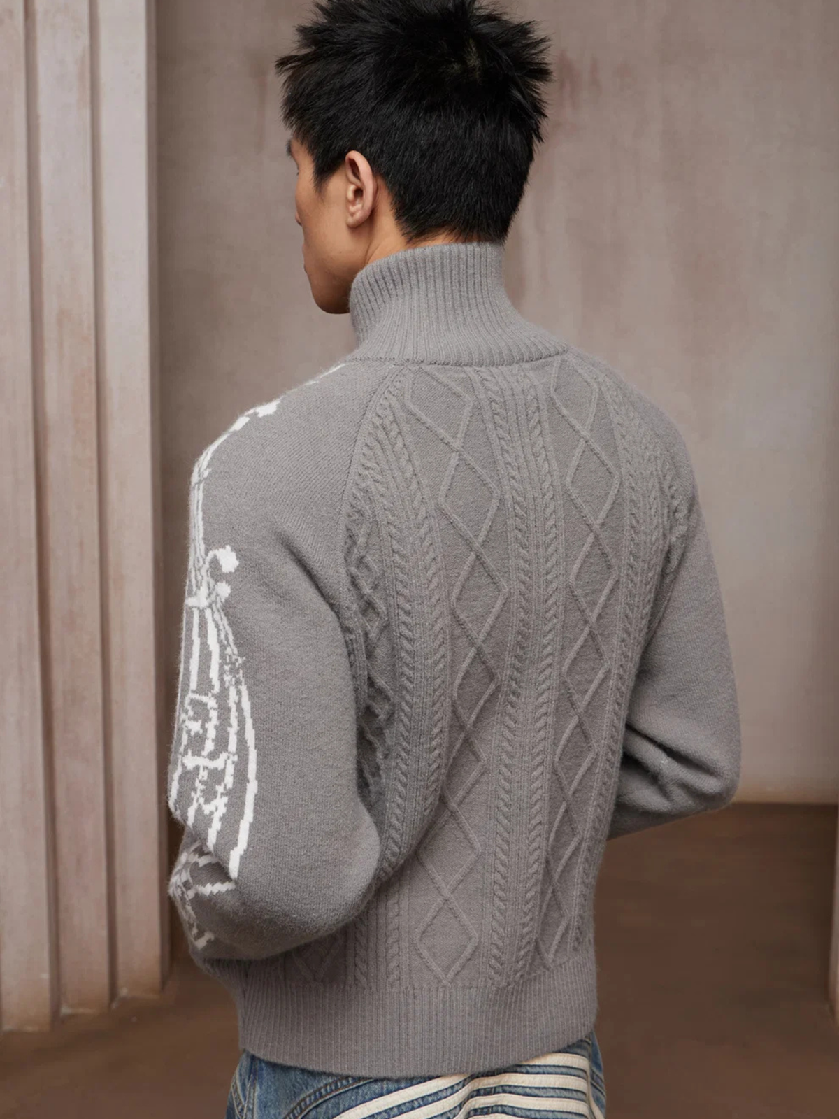 Riff Aran Cable Knit High-Neck Zip-Up Jacket