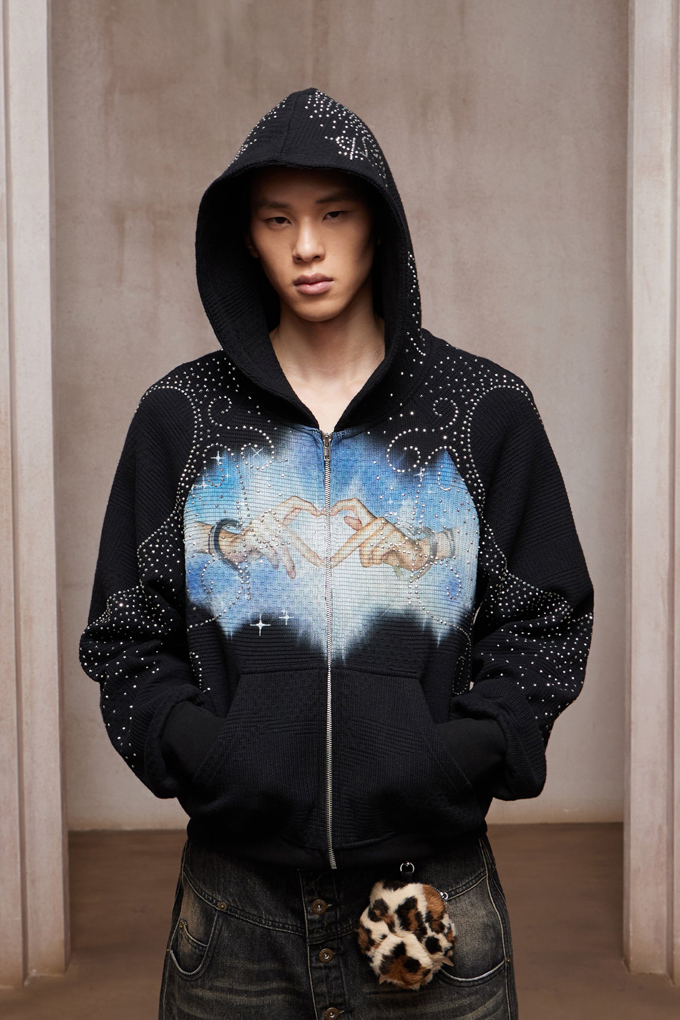 Dreamcore Rhinestone Heart Hands Waffle Zip-Up Hoodie Jacket