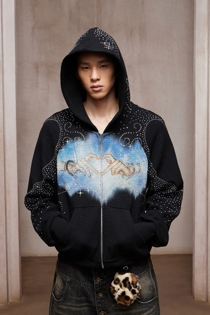 Dreamcore Rhinestone Heart Hands Waffle Zip-Up Hoodie Jacket