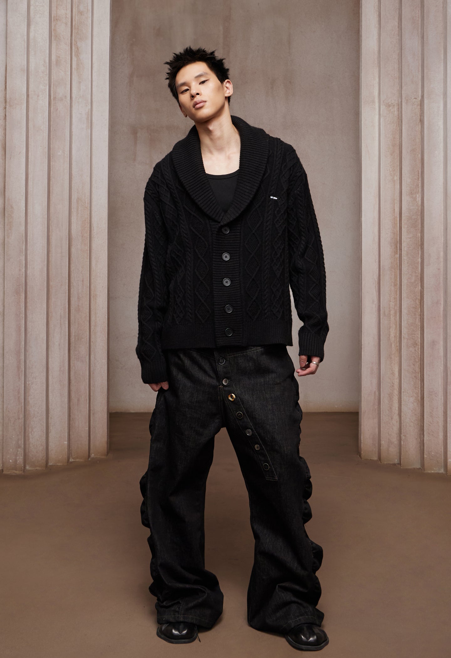 Asymmetric Button Fly Side-Ruched Raw Denim