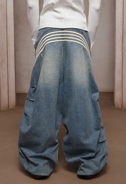 DND4-Stripe Pleated Washed Denim Ultra Wide-Leg Jeans