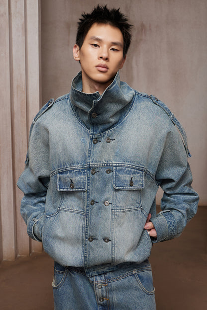 Washed Stand-Collar Double-Breasted Cropped Denim Trench Jacket