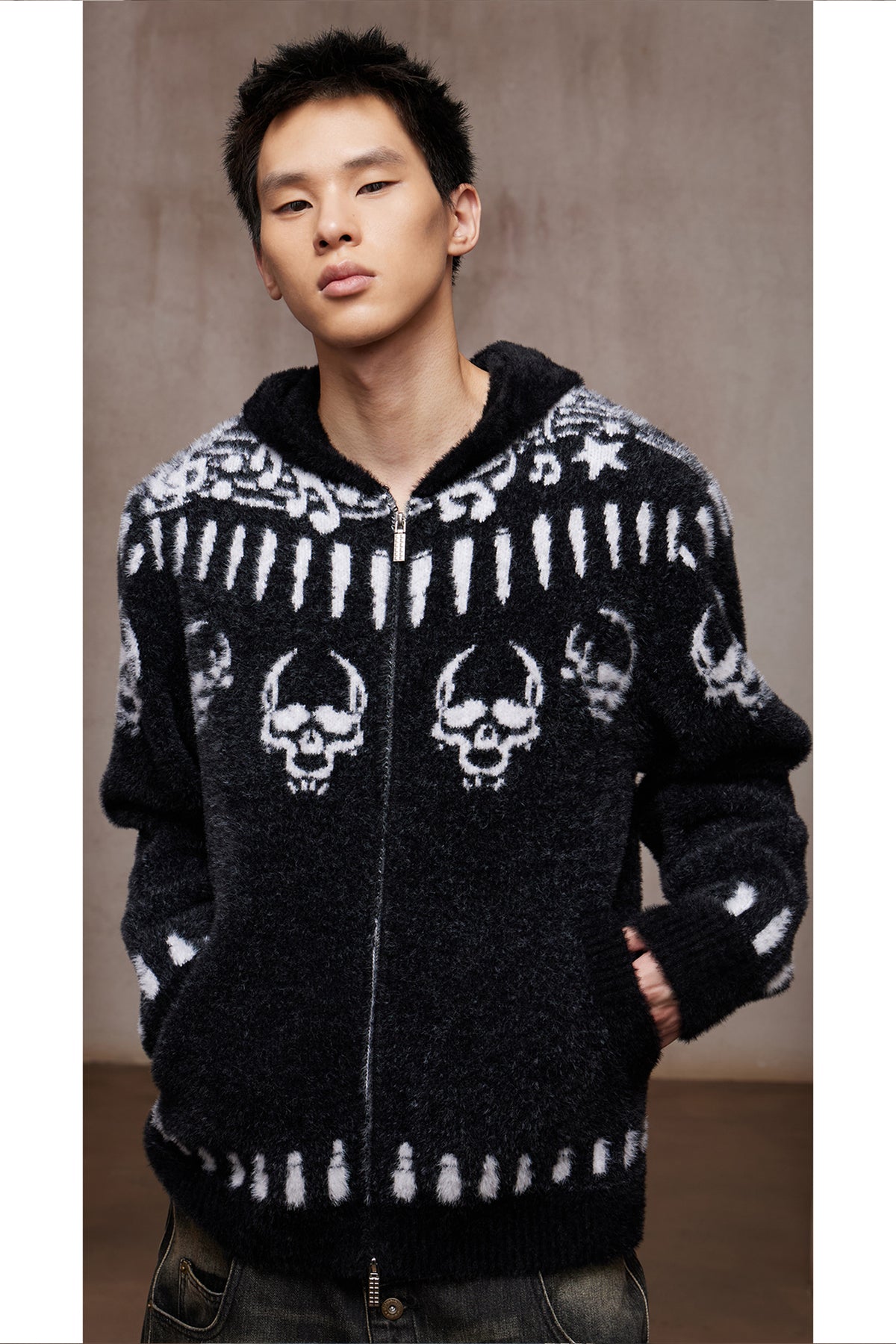 Faux Mink Skull & Bullet Zip-Up Hooded Jacket