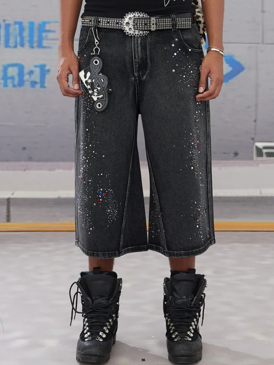 Rhinestone-Embellished Washed 3/4 Pants