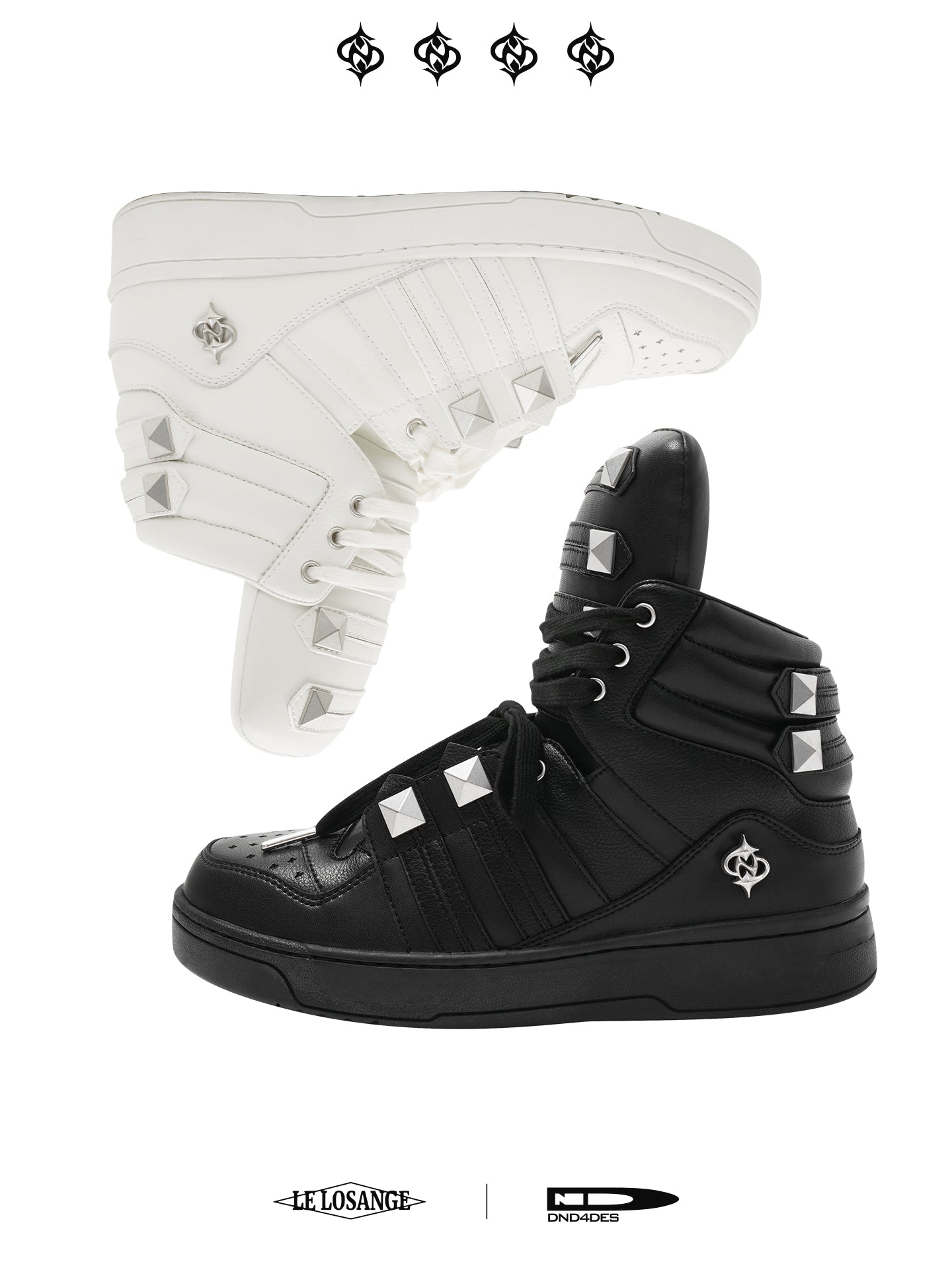 DND4DES x LELOSANGE Royal Studded Oversized Tongue Platform Mid-Top Sneakers