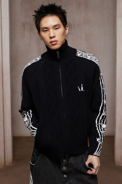 Riff Aran Cable Knit High-Neck Zip-Up Jacket