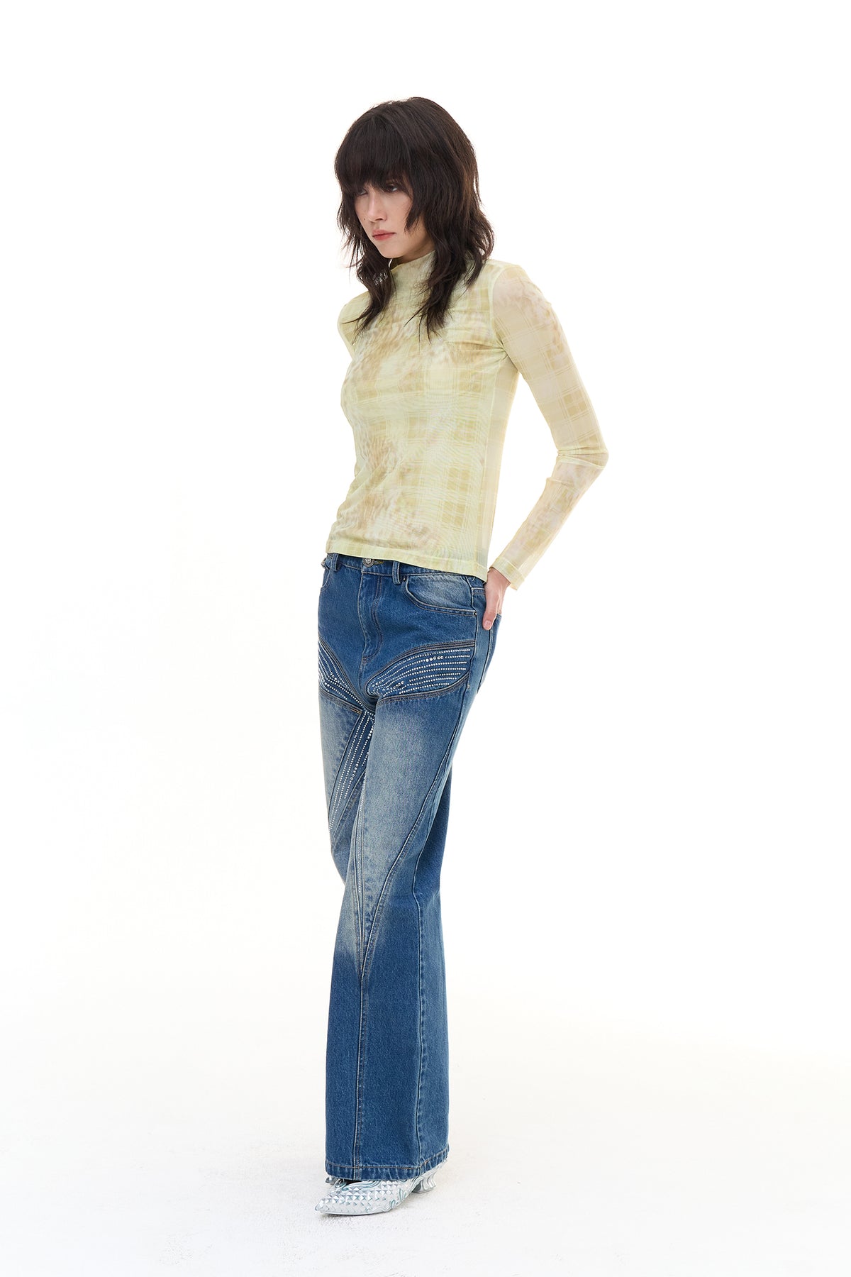 Butterfly rhinestone washed denim jeans