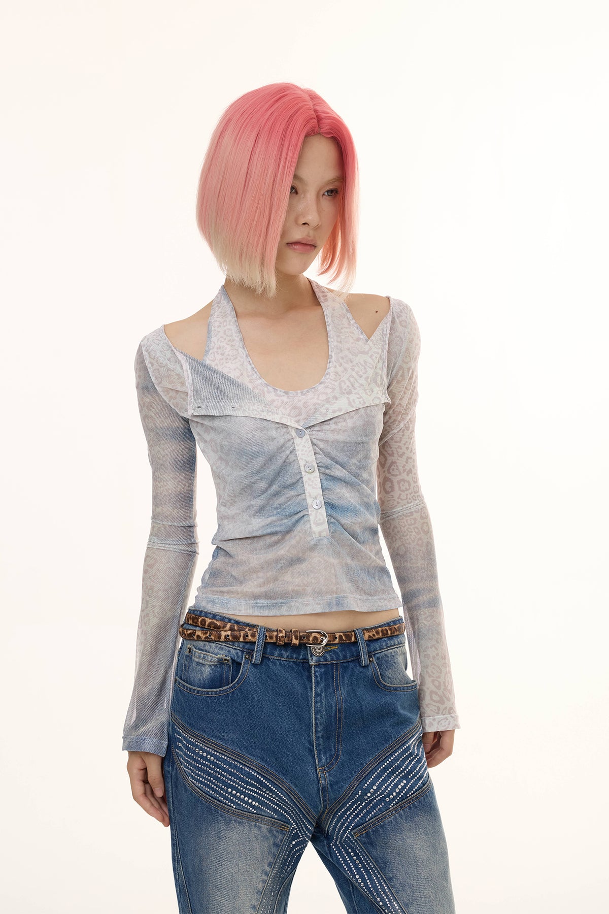 Fake two leopard print Henry collar long sleeves