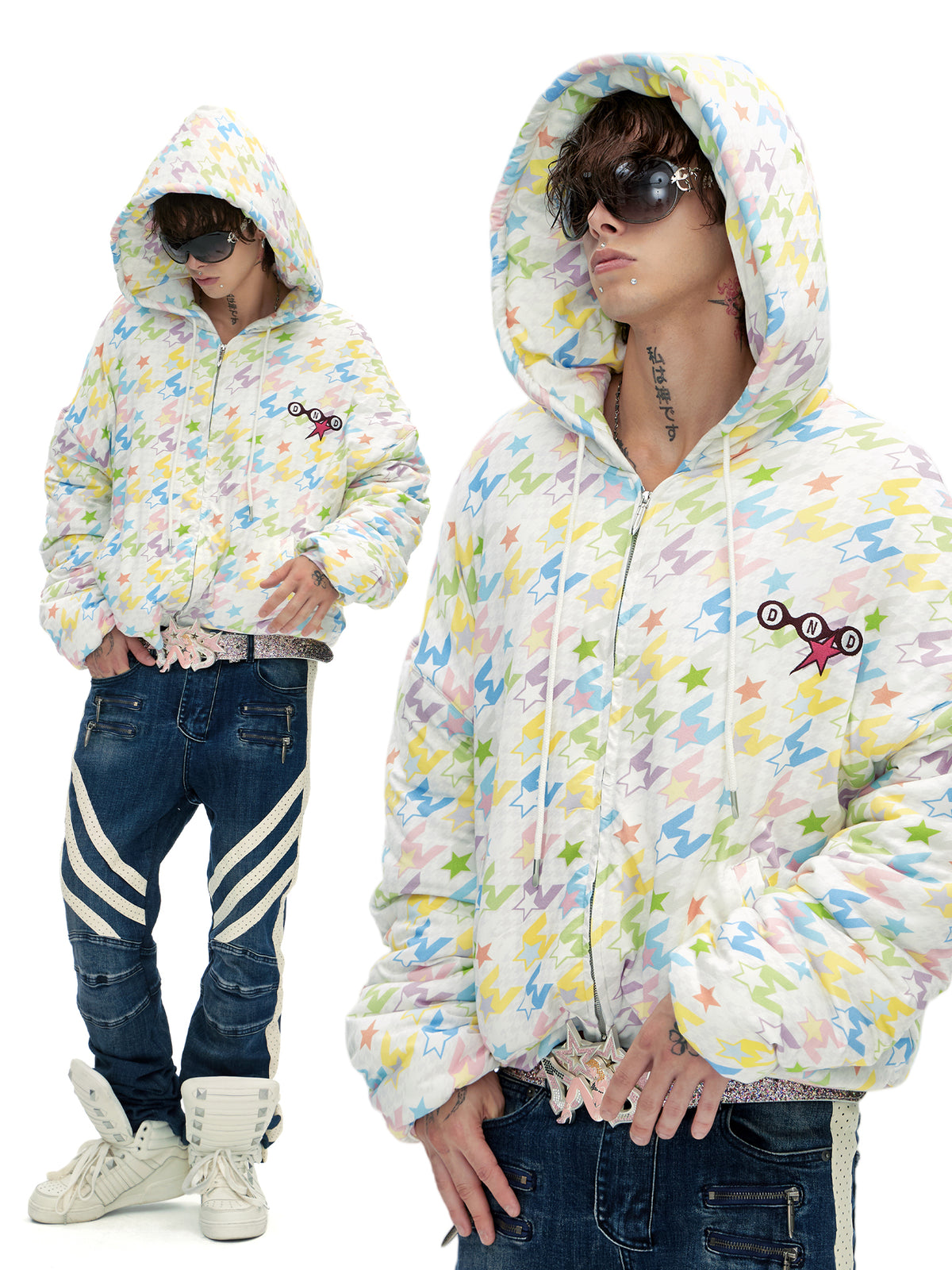 Pastel Houndstooth Hooded Padded Jacket