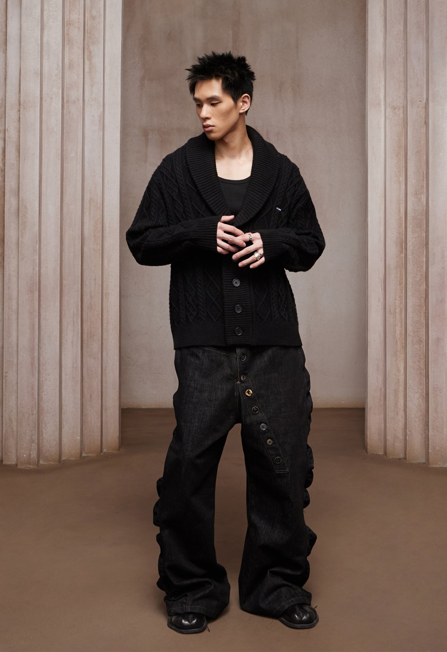 Asymmetric Button Fly Side-Ruched Raw Denim