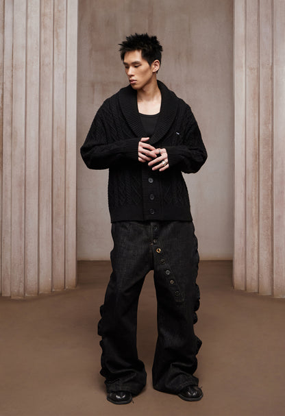 Asymmetric Button Fly Side-Ruched Raw Denim