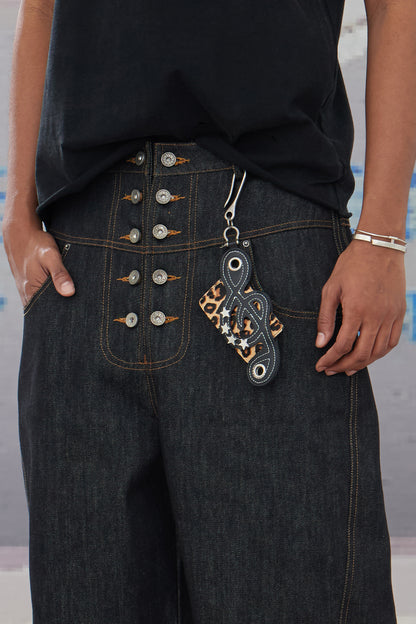 Genuine Haircalf Leopard x Cow Print Leather Cardholder with Music Notes and Star Rivets