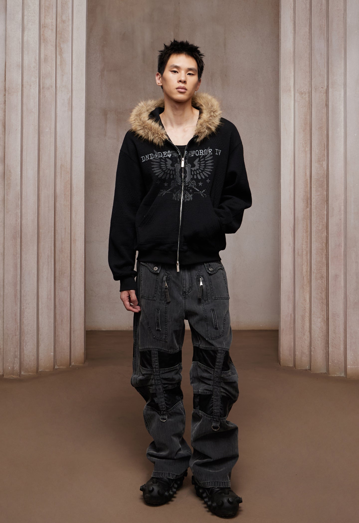 Heavy Washed Leather-Panel Utility Cargo Jeans
