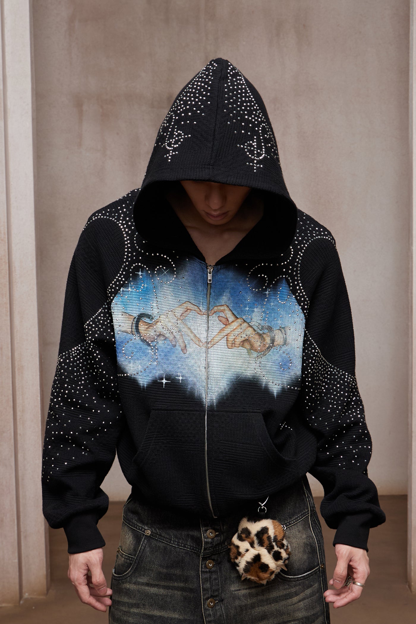 Dreamcore Rhinestone Heart Hands Waffle Zip-Up Hoodie Jacket