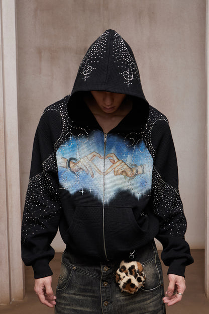 Dreamcore Rhinestone Heart Hands Waffle Zip-Up Hoodie Jacket