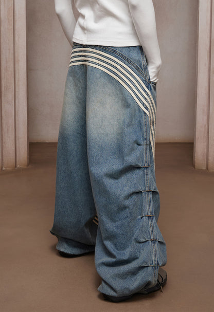 DND4-Stripe Pleated Washed Denim Ultra Wide-Leg Jeans