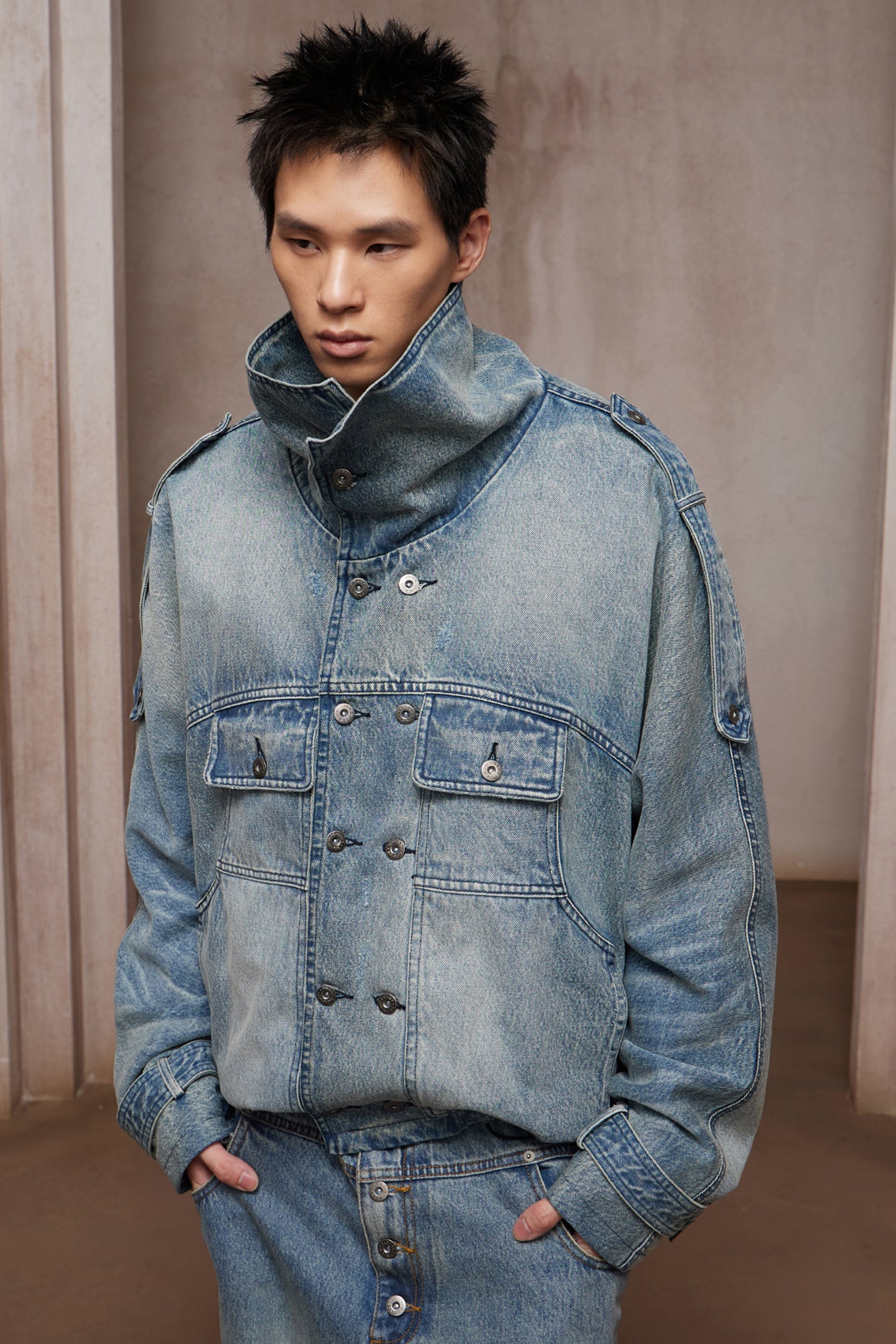 Washed Stand-Collar Double-Breasted Cropped Denim Trench Jacket