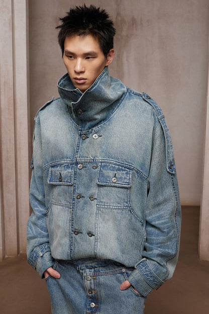 Washed Stand-Collar Double-Breasted Cropped Denim Trench Jacket