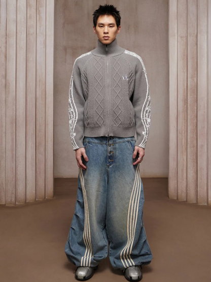 Riff Aran Cable Knit High-Neck Zip-Up Jacket