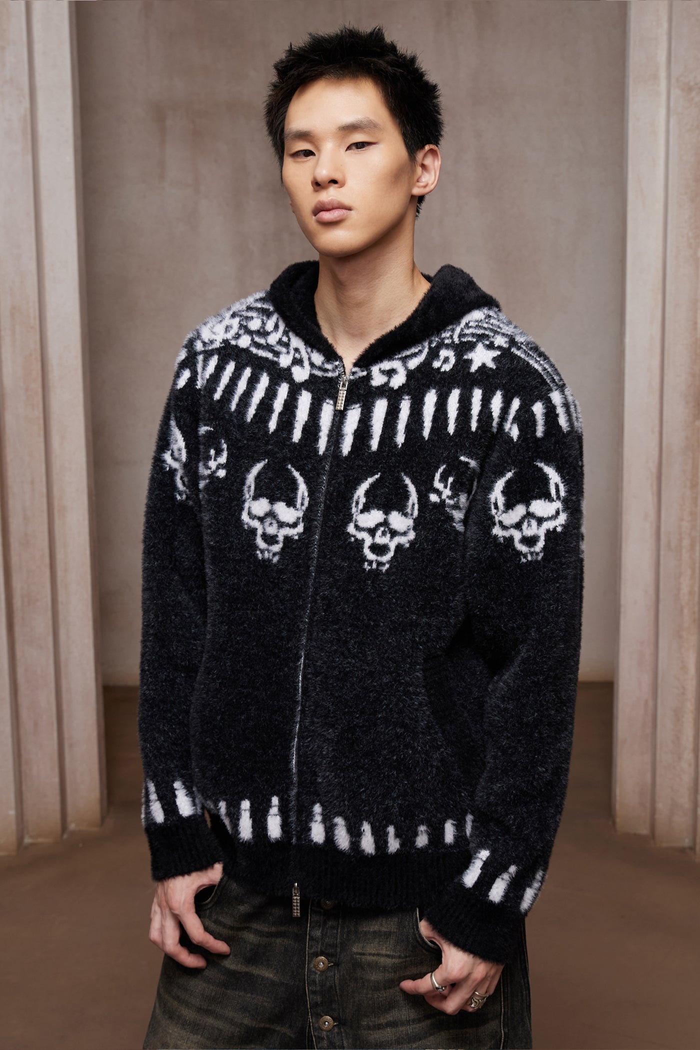 Faux Mink Skull & Bullet Zip-Up Hooded Jacket
