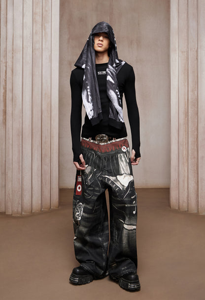 Trompe-l’œil Sports-Layered Printed Baggy Jeans