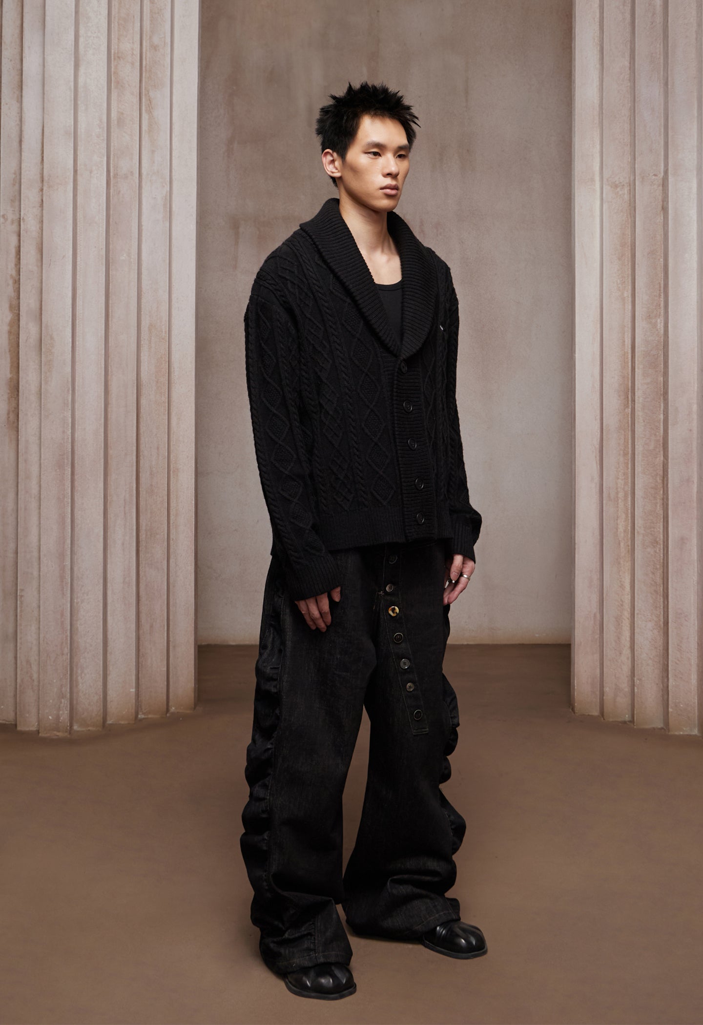 Asymmetric Button Fly Side-Ruched Raw Denim