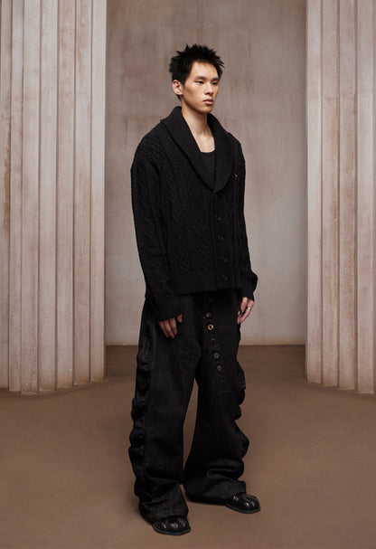 Asymmetric Button Fly Side-Ruched Raw Denim