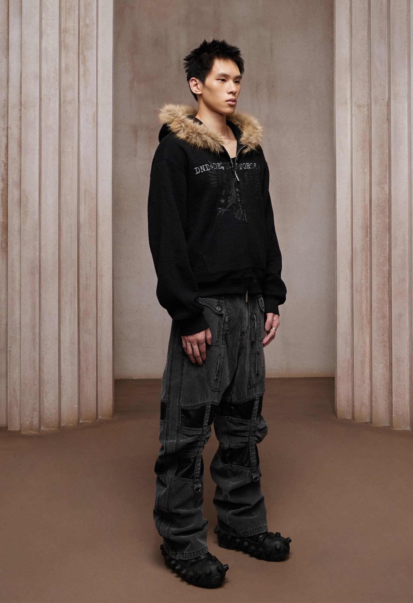 Heavy Washed Leather-Panel Utility Cargo Jeans