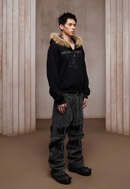 Heavy Washed Leather-Panel Utility Cargo Jeans