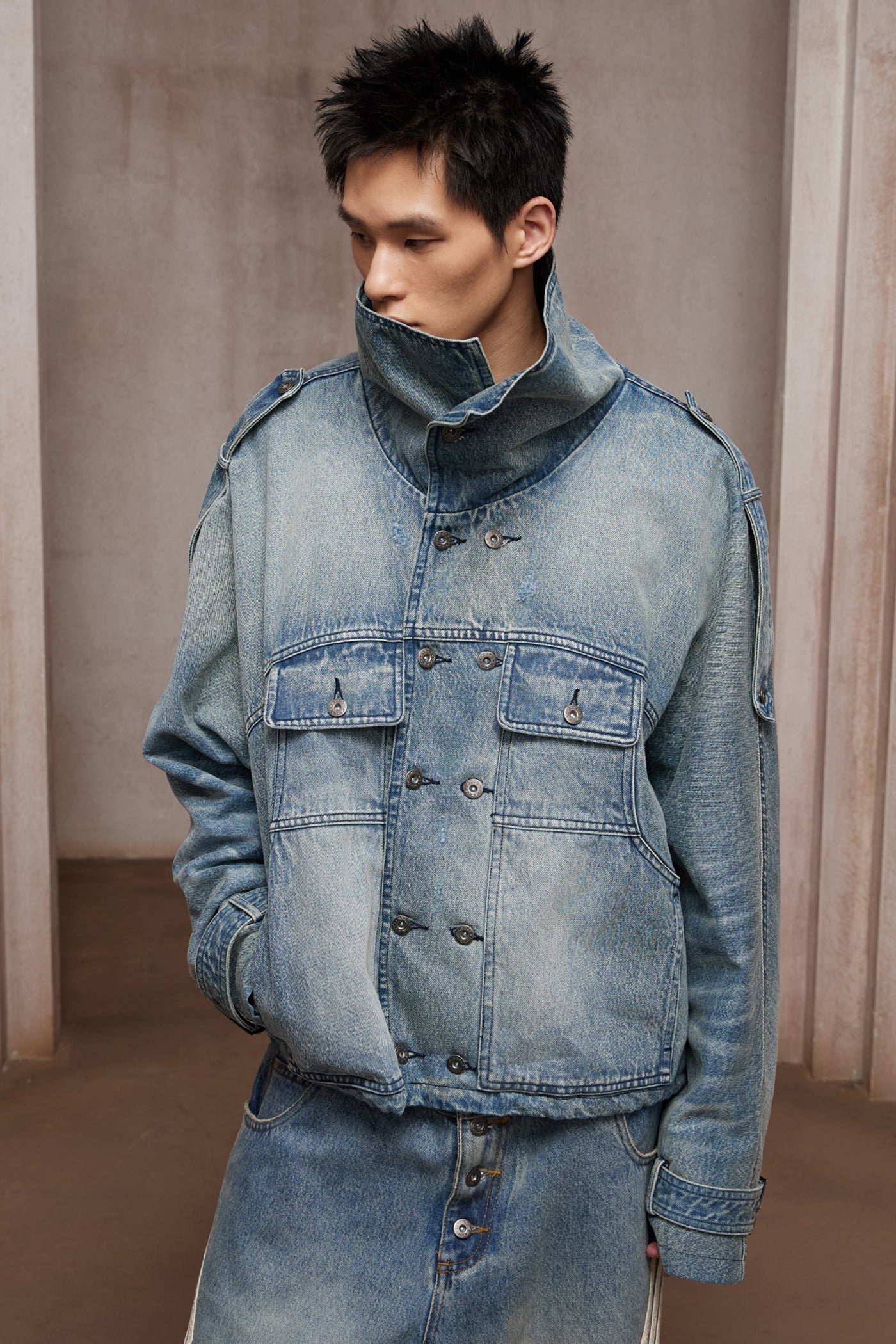 Washed Stand-Collar Double-Breasted Cropped Denim Trench Jacket