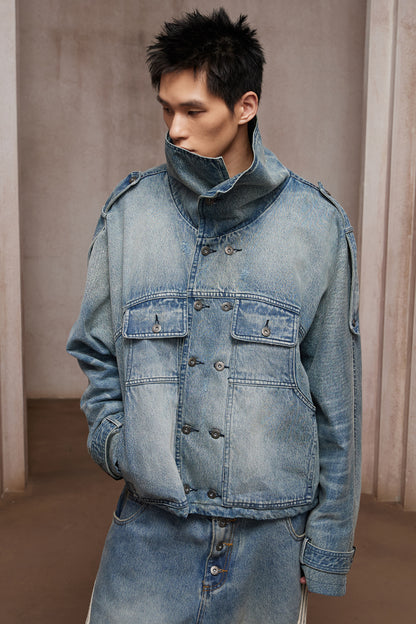 Washed Stand-Collar Double-Breasted Cropped Denim Trench Jacket