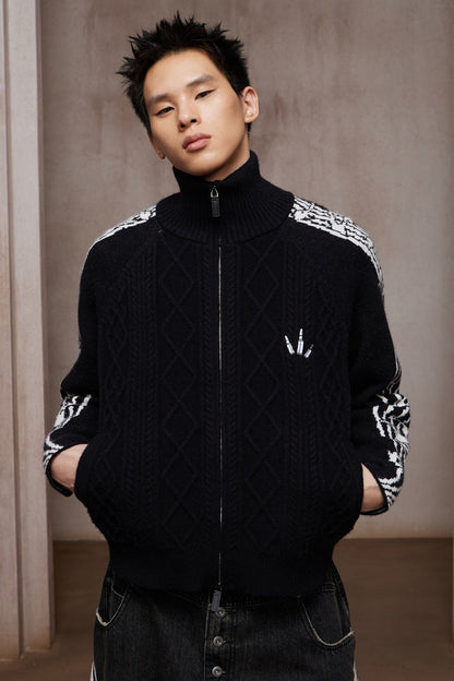 Riff Aran Cable Knit High-Neck Zip-Up Jacket