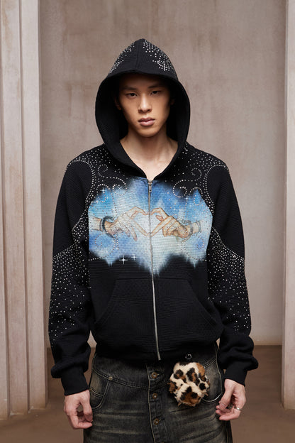 Dreamcore Rhinestone Heart Hands Waffle Zip-Up Hoodie Jacket