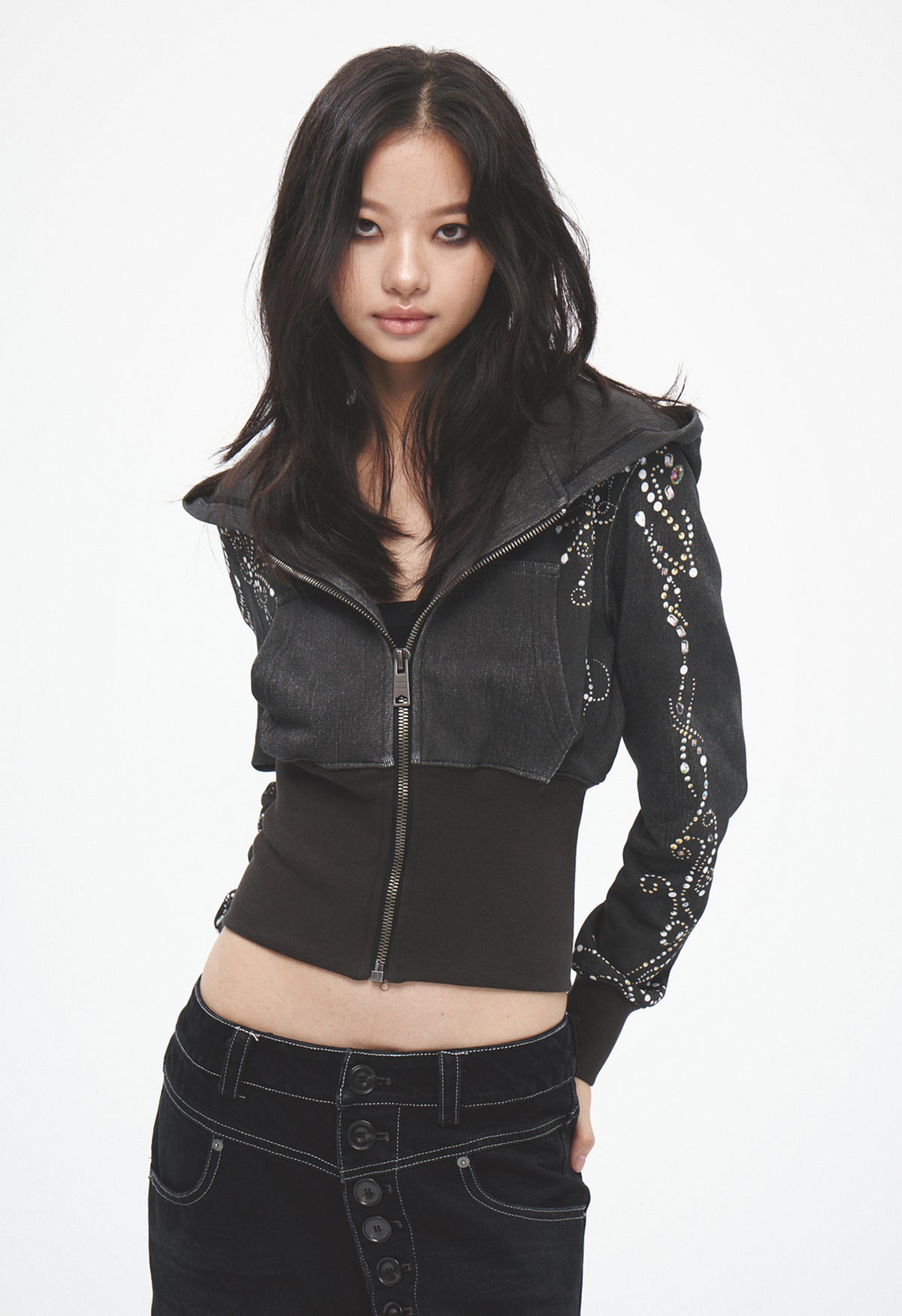 Retro Gem-Studded Fitted Waist Cropped Zip-Up Hoodie