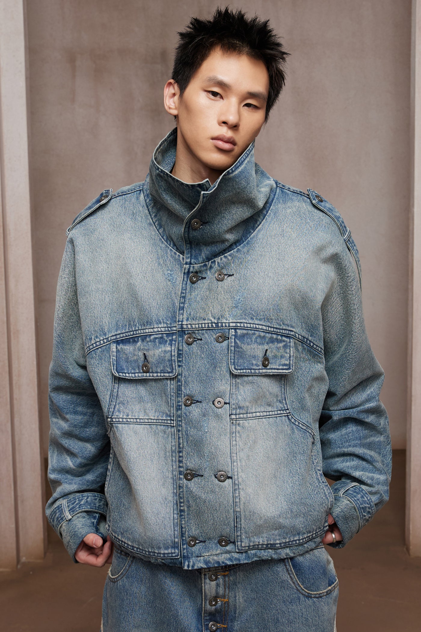 Washed Stand-Collar Double-Breasted Cropped Denim Trench Jacket