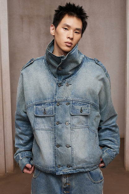 Washed Stand-Collar Double-Breasted Cropped Denim Trench Jacket